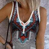Women's V-Neck Ethnic Pattern Knitted Vest Top with Button Detail – Vacation Style