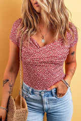 Floral Surplice Short Sleeve Bodysuit-Rust-1