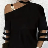 Ladies' Solid Color Off Shoulder Top with Irregular Collar & Hanging Neck Design – Stylish & Unique