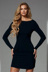 Classic black long sleeve bodycon mini dress with elegant slim fit for women