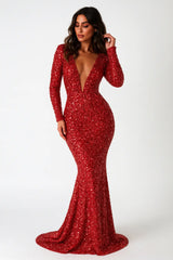 Elegant red sequin long sleeve evening gown with deep V neckline and mermaid silhouette for women