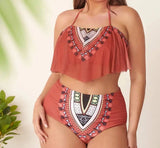 Women's Lotus Leaf Backless Bikini High Waist Plus Size-Pink-1