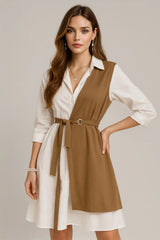 Two-Tone Belted Shirt Dress