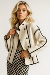 Women's White Wool Jacket with Black Trim – Elegant Double-Breasted Blazer