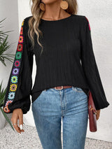 Embroidered Round Neck Long Sleeve Top-3