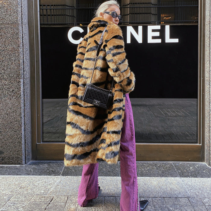 Tiger Pattern Faux Fur Coat
