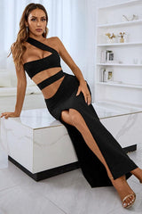 One-Shoulder Cutout Front Split Maxi Dress-3