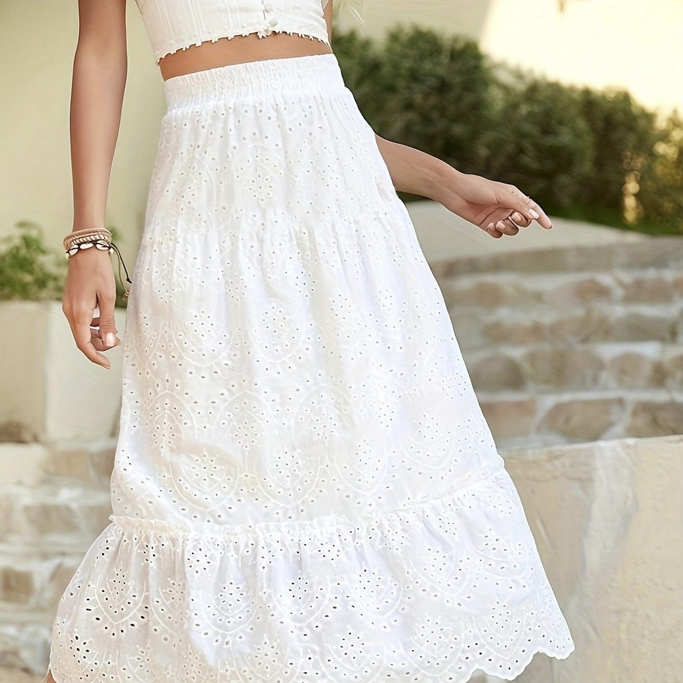 Ladies' Solid Color Swing Skirt with Hollow Flower Details & Hanging Pleats