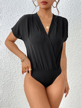 Perfee Surplice Short Sleeve Ruched Bodysuit-Black-1