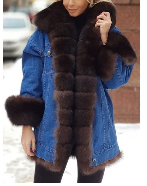 Denim Fur-Trimmed Longline Coat