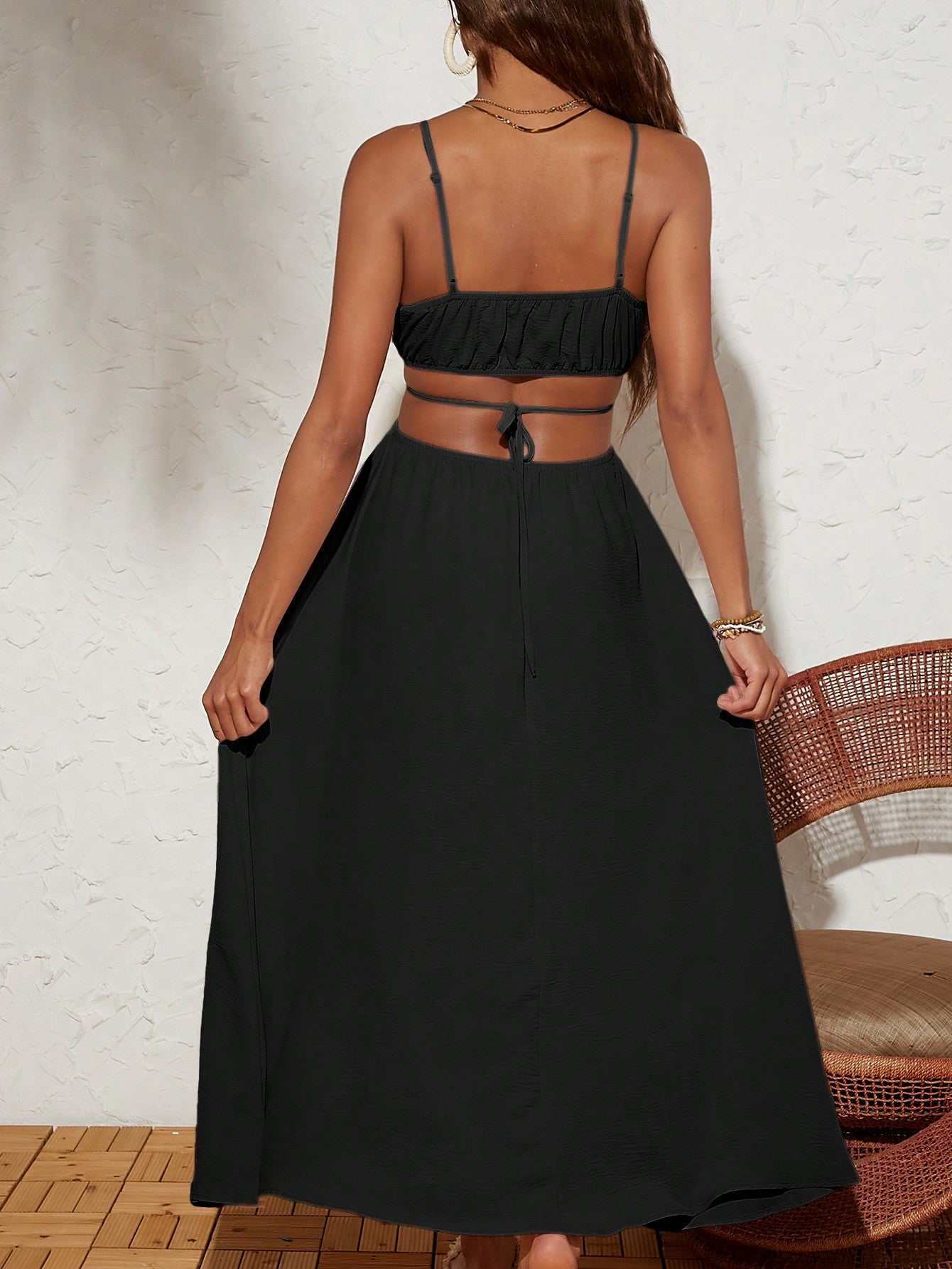 Solid Color Woven Backless Tie-Waist Dress For Vacation