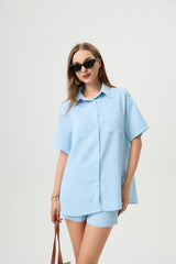 Casual Two-Piece Set For Women - Waffle Textured Fabric Shirt And Shorts With Side Slits, Versatile Ice Blue Summer Outfit