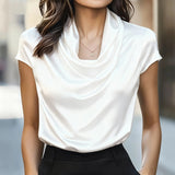 Shiny Cowl Neck Ruched Blouse