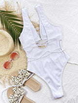 Ribbed Lace Up One-Piece Swimsuit-3