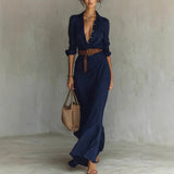 Irregular Long Dress With Belt Fashion And Elegant Button Lapel Long-sleeved Shirt Dresses Daily Office Commuting Clothing For Women