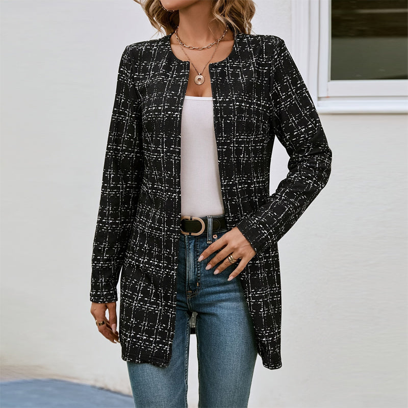 Checkered Collarless Mid-Jacket