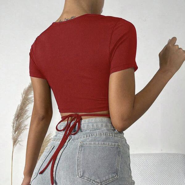 Ladies' Solid Color Cross-Tie Short Sleeve Top – Round Neck, Tight Fit