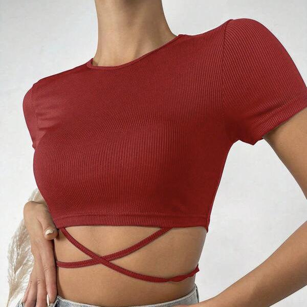 Ladies' Solid Color Cross-Tie Short Sleeve Top – Round Neck, Tight Fit