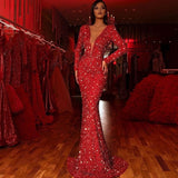 Elegant red sequin long sleeve evening gown with deep V neckline and mermaid silhouette for women