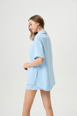 Casual Two-Piece Set For Women - Waffle Textured Fabric Shirt And Shorts With Side Slits, Versatile Ice Blue Summer Outfit