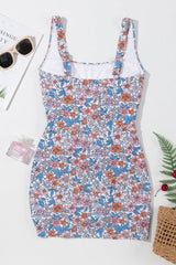 Drawstring Printed Wide Strap Swim Dress-4