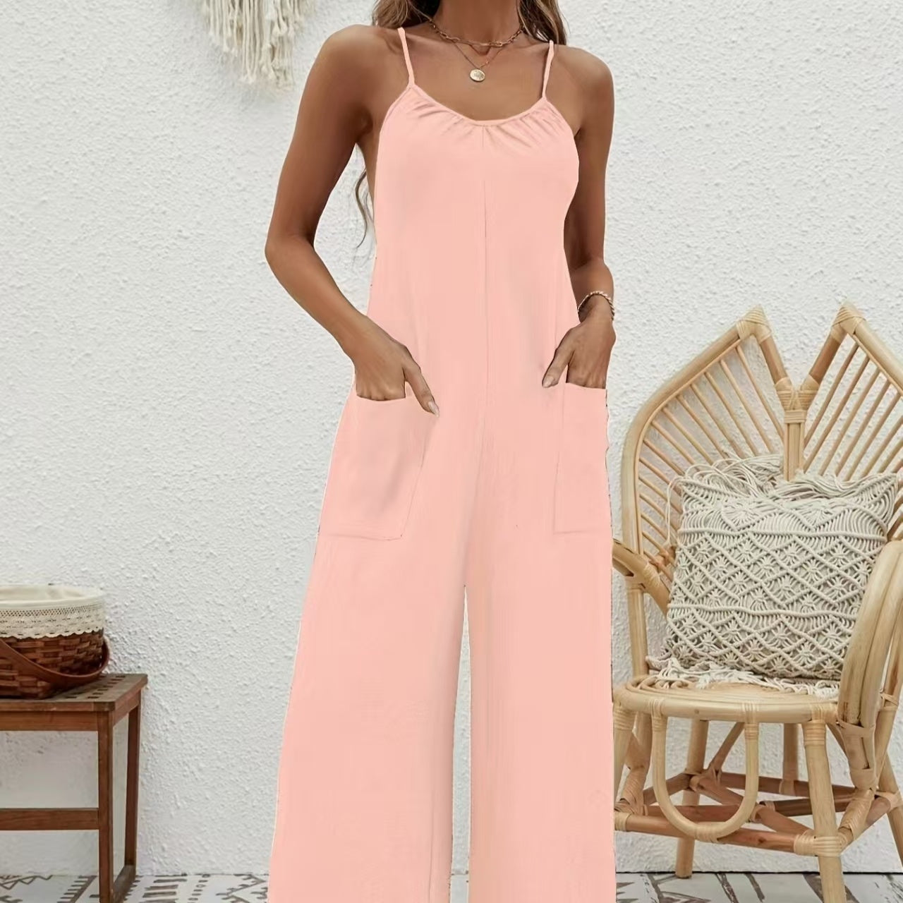 Ladies' Solid Color Chest Pleated Cross Suspender Sexy Jumpsuit