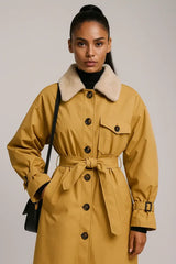 Mustard yellow trench coat with faux fur collar and belt – elegant fall outerwear for women
