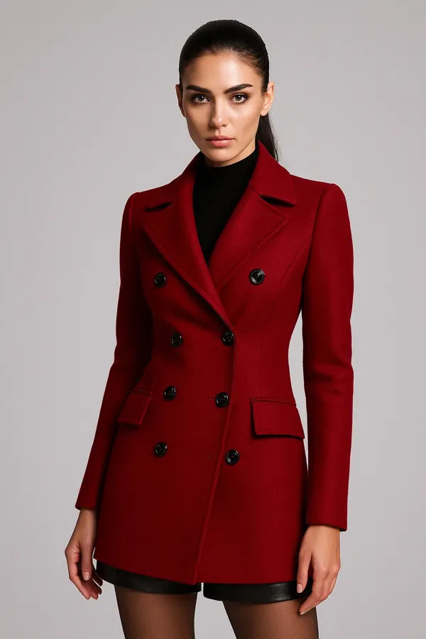 Elegant double-breasted red wool coat for women – chic tailored winter fashion
