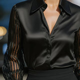 Satin Sheer Lapel Blouse