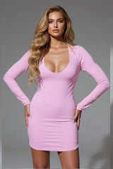 Chic pink long sleeve bodycon mini dress with deep scoop neckline for women