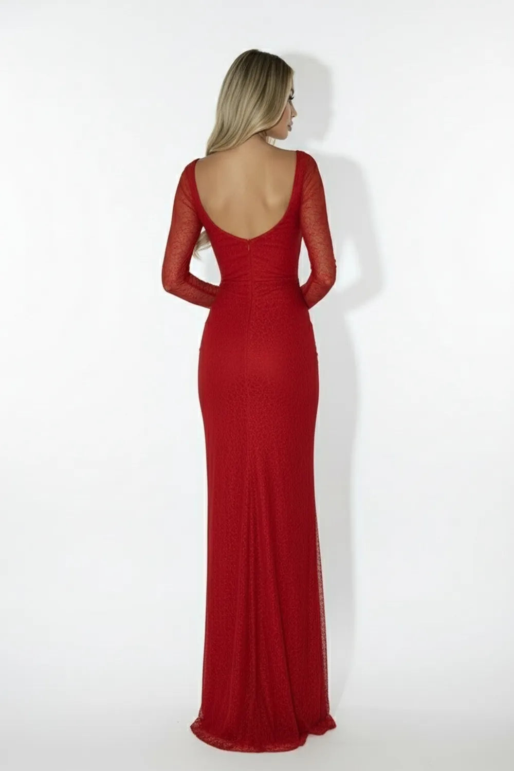 Red long sleeve evening gown with open back, elegant formal dress for women