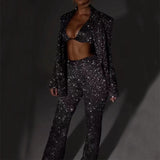 Shiny Long-Sleeved Blazer Set - Fashion Party Jacket, Bra, & Straight-Leg Trousers