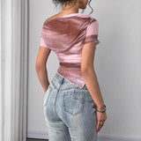 One-Shoulder Tie Dye Mesh Tee