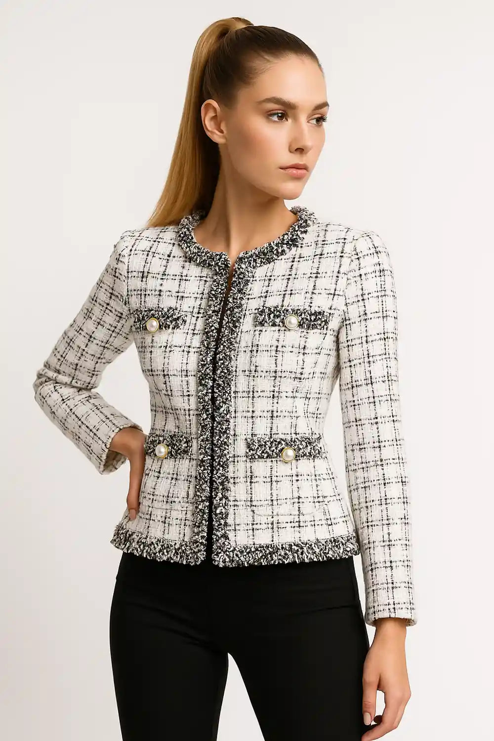 Women’s white tweed cropped jacket with pearl buttons – elegant chic blaze