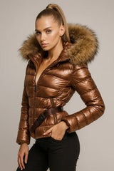 Women's metallic bronze puffer jacket with faux fur hood - winter fashion coat