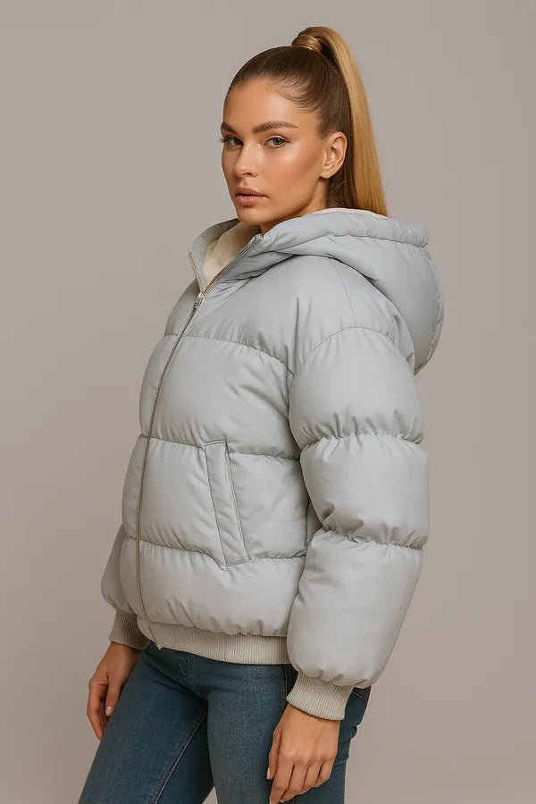 Side view of white lamb fleece puffer jacket with hood for women winter fashion