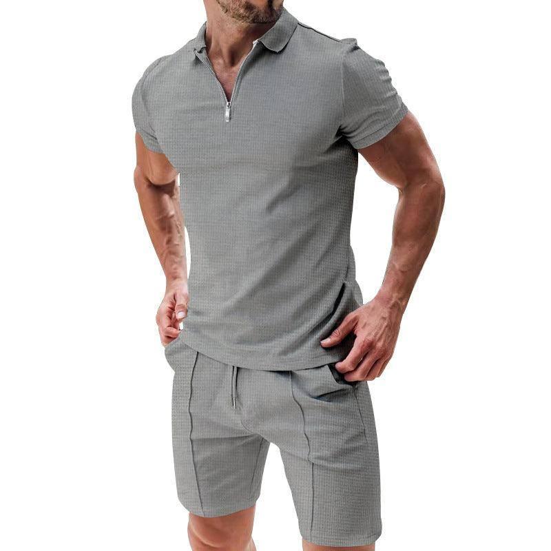 2Pcs Casual Waffle Suit Summer Zipper Lapel Short-sleeved Light Blue / 3XL-Light Grey-8