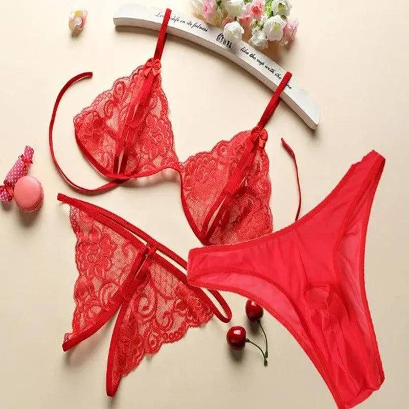 3-piece lace lingerie for couples-Red-3