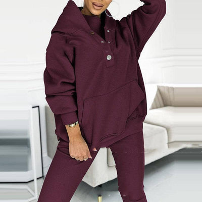 3pcs Women's Sports Suit Loose Hooded Pockets Sweatshirt And Vest And Slim Trousers-Deep purple-6