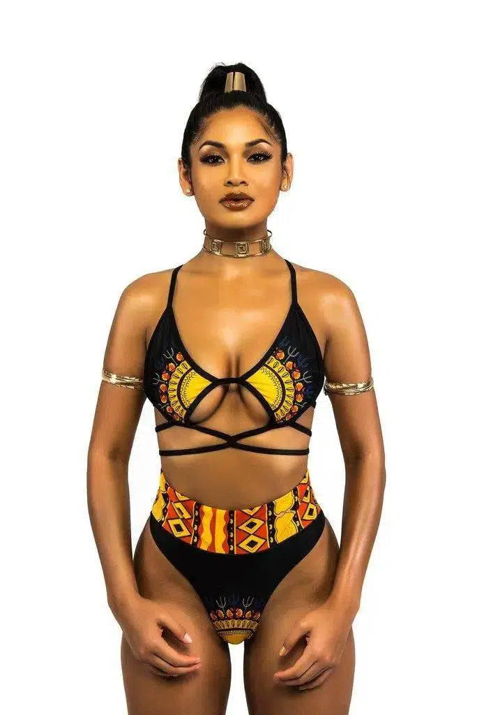 African Print Two-Pieces Bath Suits Bikini Set Sexy-Black-3