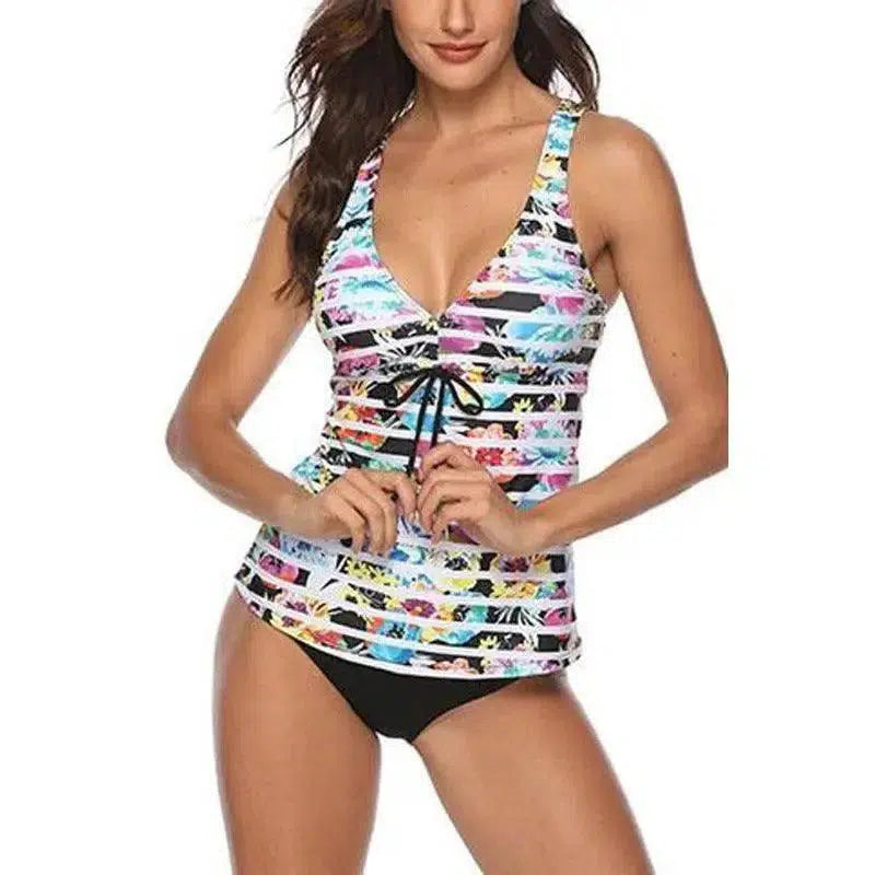 Beach women's split polka dot covered belly printed swimsuit-Multicoloredstrips-5