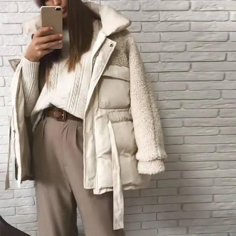 Belt stitching thick warm jacket fashion all-match casual-2