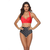 Bikini European And American High Waisted Printed Neck Strap-Red Cloth Dot-10