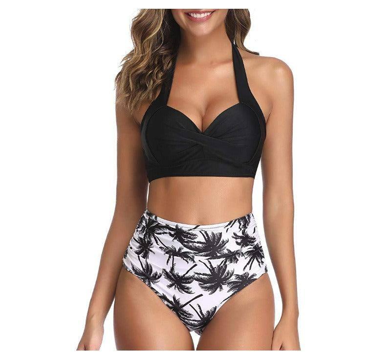 Bikini European And American High Waisted Printed Neck Strap-Coconut Style-3