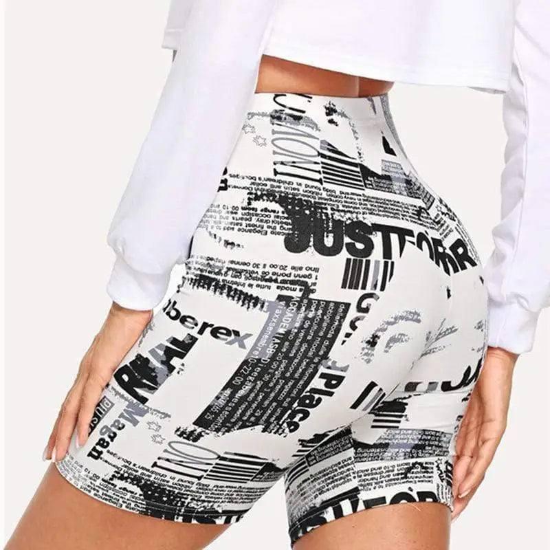 Black and white allover letter printing bicycle cut short-white-2