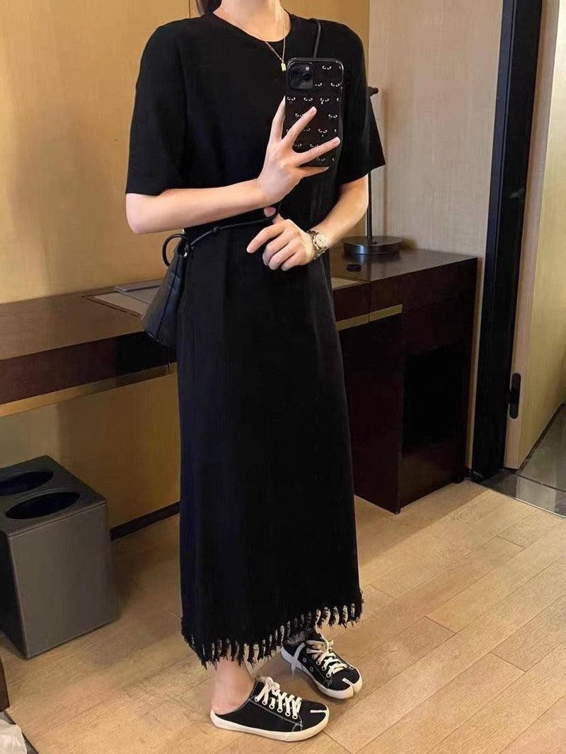 Black Knit Striped Dress Short Sleeve Women Dress maxi dress-4