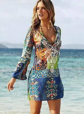 Summer Style Women Swimsuit Cover Up Long Sleeve Bikini Cover Ups Chiffon Flower Beach Mini Dress Robe Vestidos-4