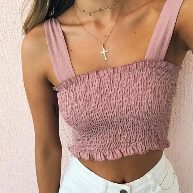 Bow Tie Strap Crop Tank Top Elastic Camis-Pink-4