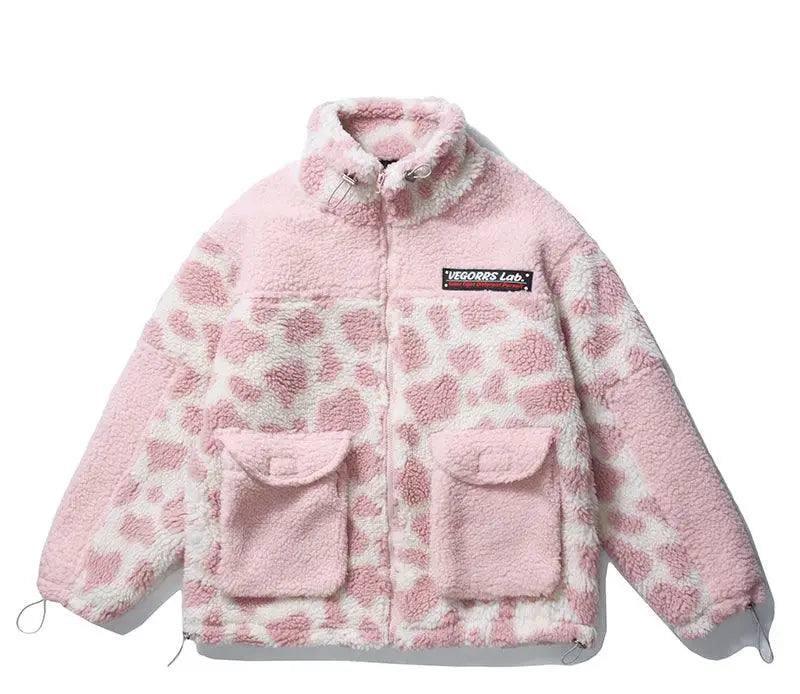 Camouflage Panda Cow Spotted Lamb Wool Coat Men And Women-Pink-2