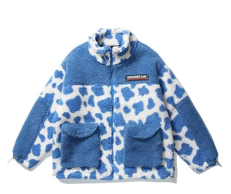 Camouflage Panda Cow Spotted Lamb Wool Coat Men And Women-Blue-3